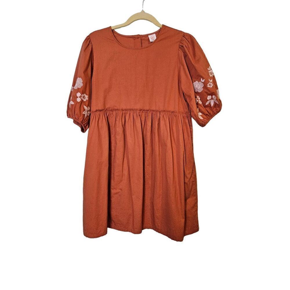 Wonder nation burnt orange short sleeved baby doll dress with embroidered accent